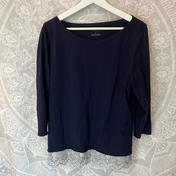 TALBOTS NAVY BLUE EUC COTTON JERSEY KNIT LONG SLEEVE TOP BLOUSE CUTOUT LACE TRIM - Picture 6 of 12